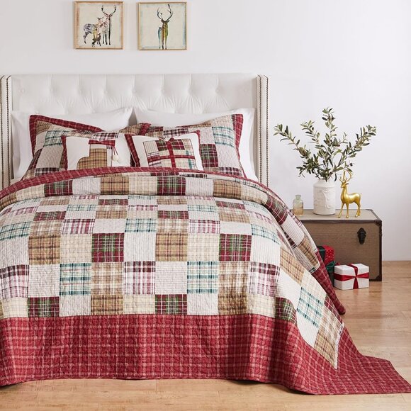 Greenland Home Oxford 100% Cotton Quilted Bedspread Set, 3-Piece Jumbo King, Red - Picture 1 of 6